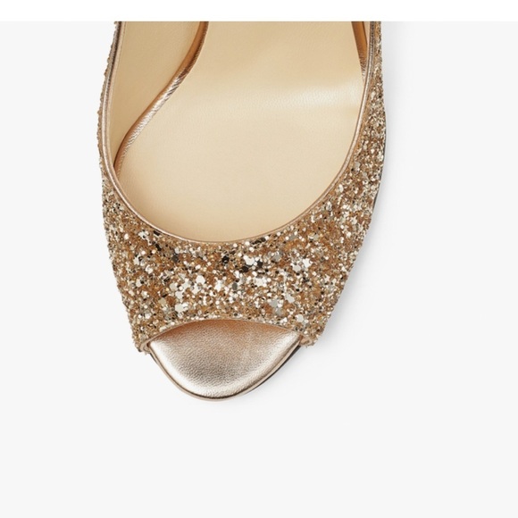 Jimmy  Choo Baxen Woven Metallic Peep Toe Wedge Heels Gold Glitter Size 38 - Picture 3 of 16